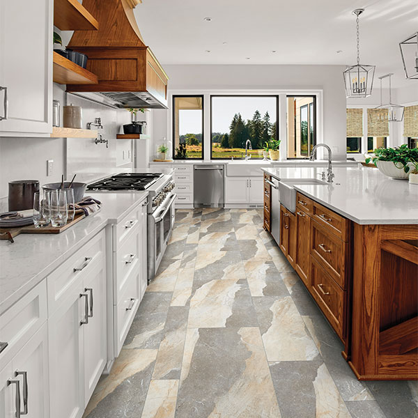stone look luxury vinyl tile flooring in kitchen